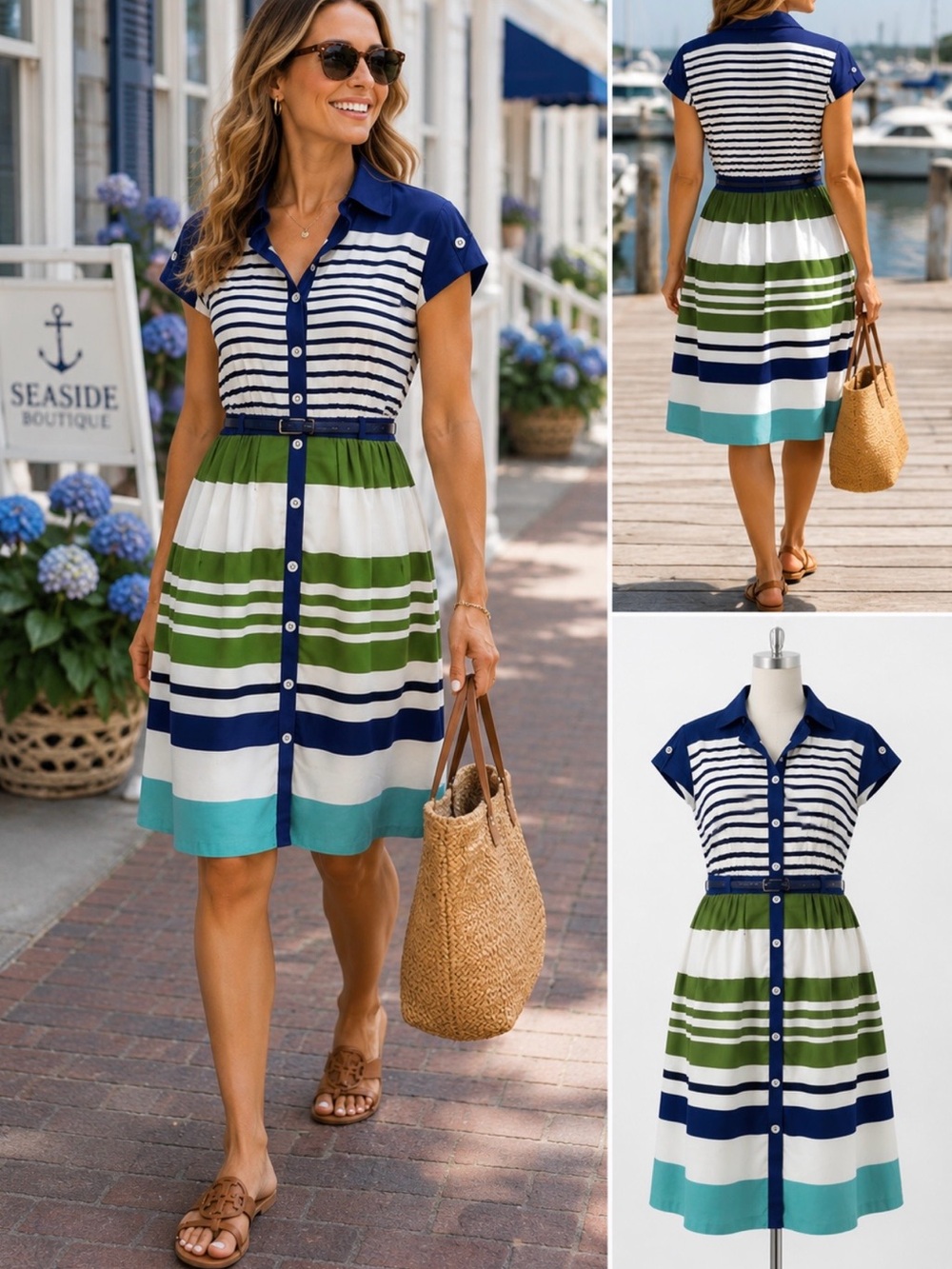 Chetta B Striped Cotton Collared Button Front Coastal Shirt Dress - Size 12💛